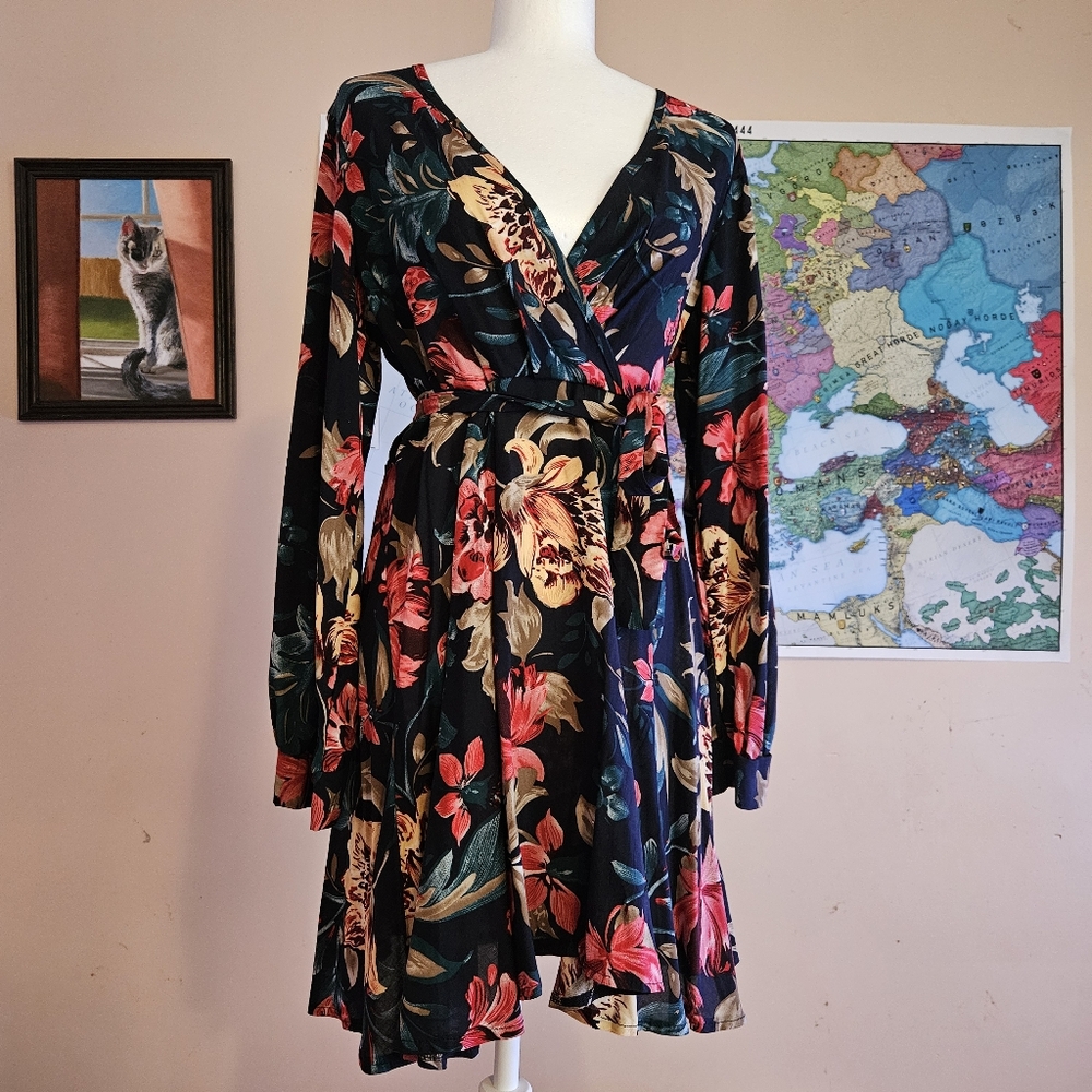 Green And Pink Floral Print Surplice Front Belted Dress